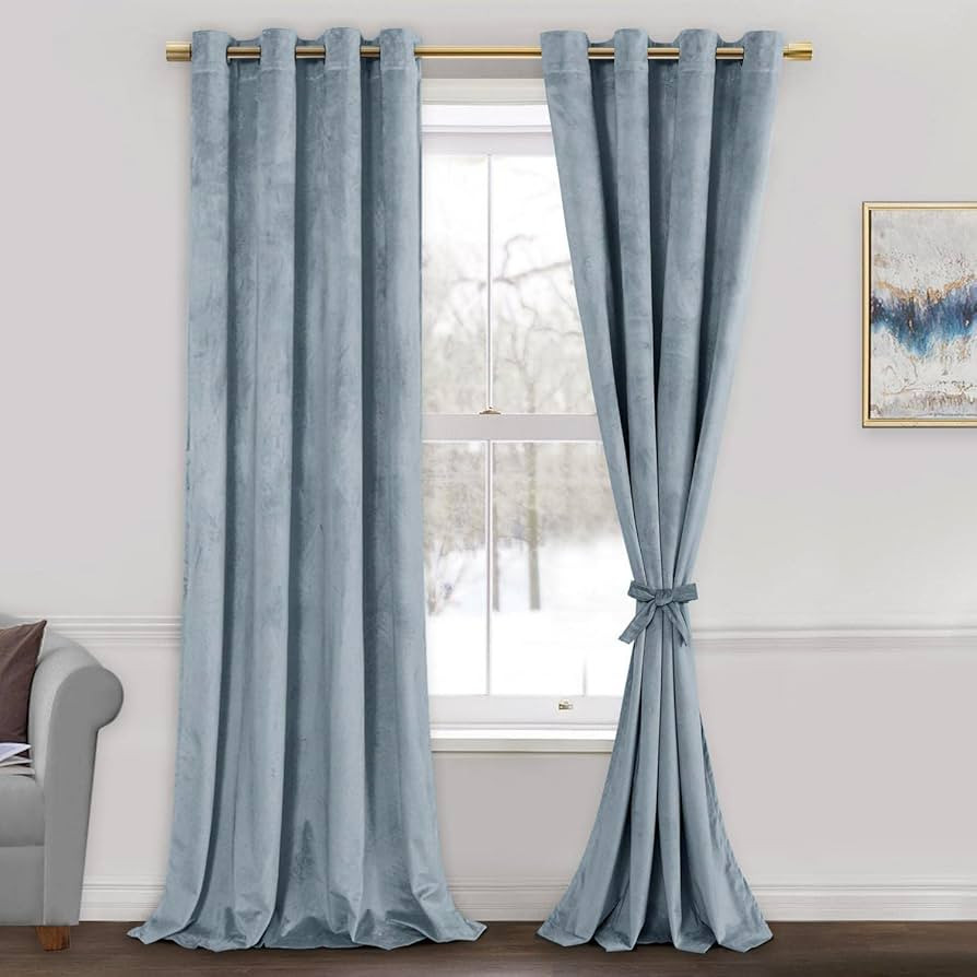 JIUZHEN Stone Blue Velvet Curtains - Super Soft Bedroom Window Curtains & Drapes Room Darkening E... | Amazon (US)