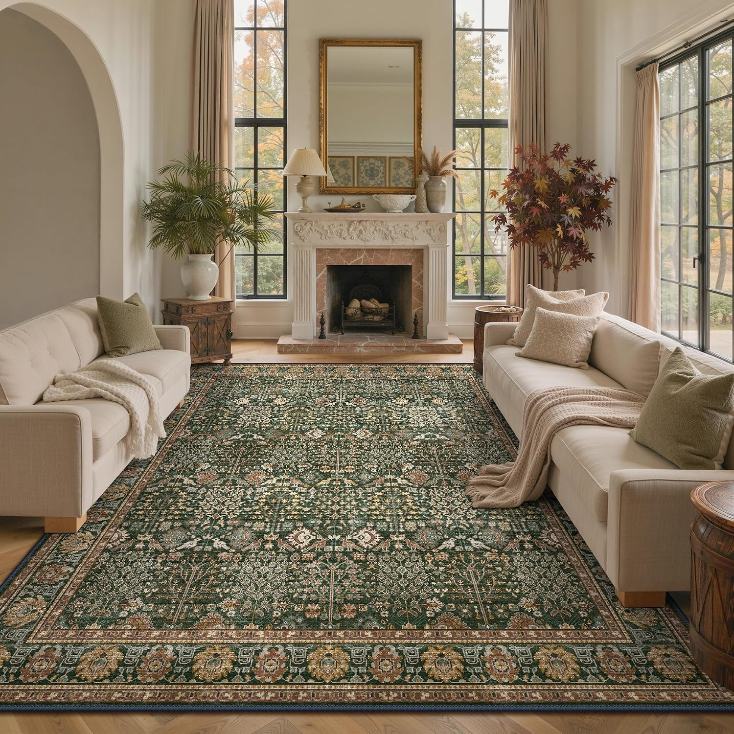 Washable Rugs 8x10 for Living Room, Vintage Floral, Dark Green Brown | Amazon (US)