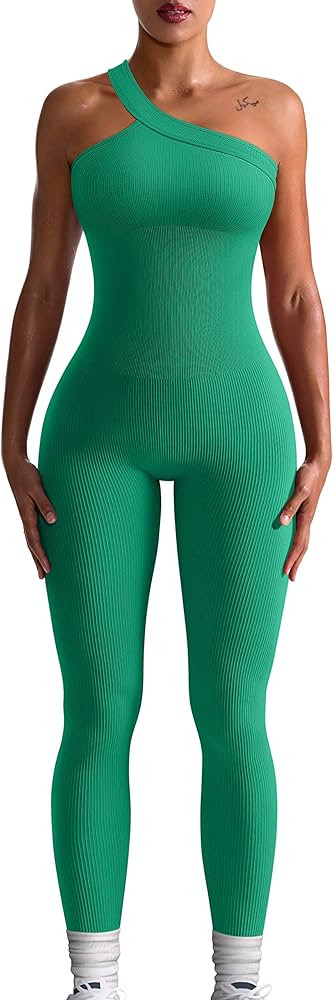 OQQ Women Yoga Jumpsuits Workout Ribbed One Shoulder One Piece Sport Jumpsuits | Amazon (US)