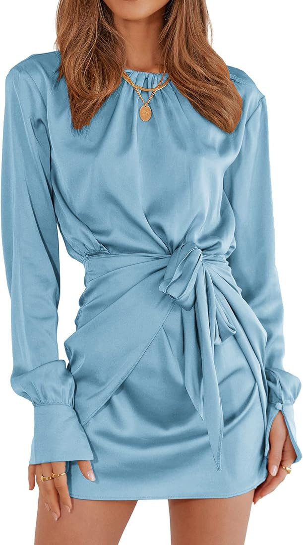 BTFBM Women Casual Long Sleeve Ruched Wrap Dress Crew Neck Tie Waist Short Dresses Solid Party Dr... | Amazon (US)