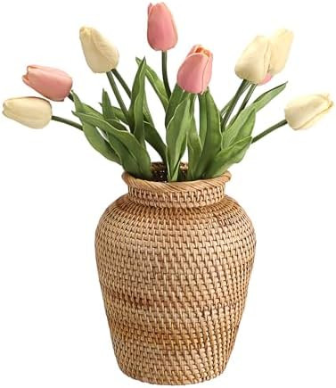 JUXYES Tabletop Woven Rattan Vase for Flowers, Rustic Country Style Rattan Basket Vase, Farmhouse... | Amazon (US)