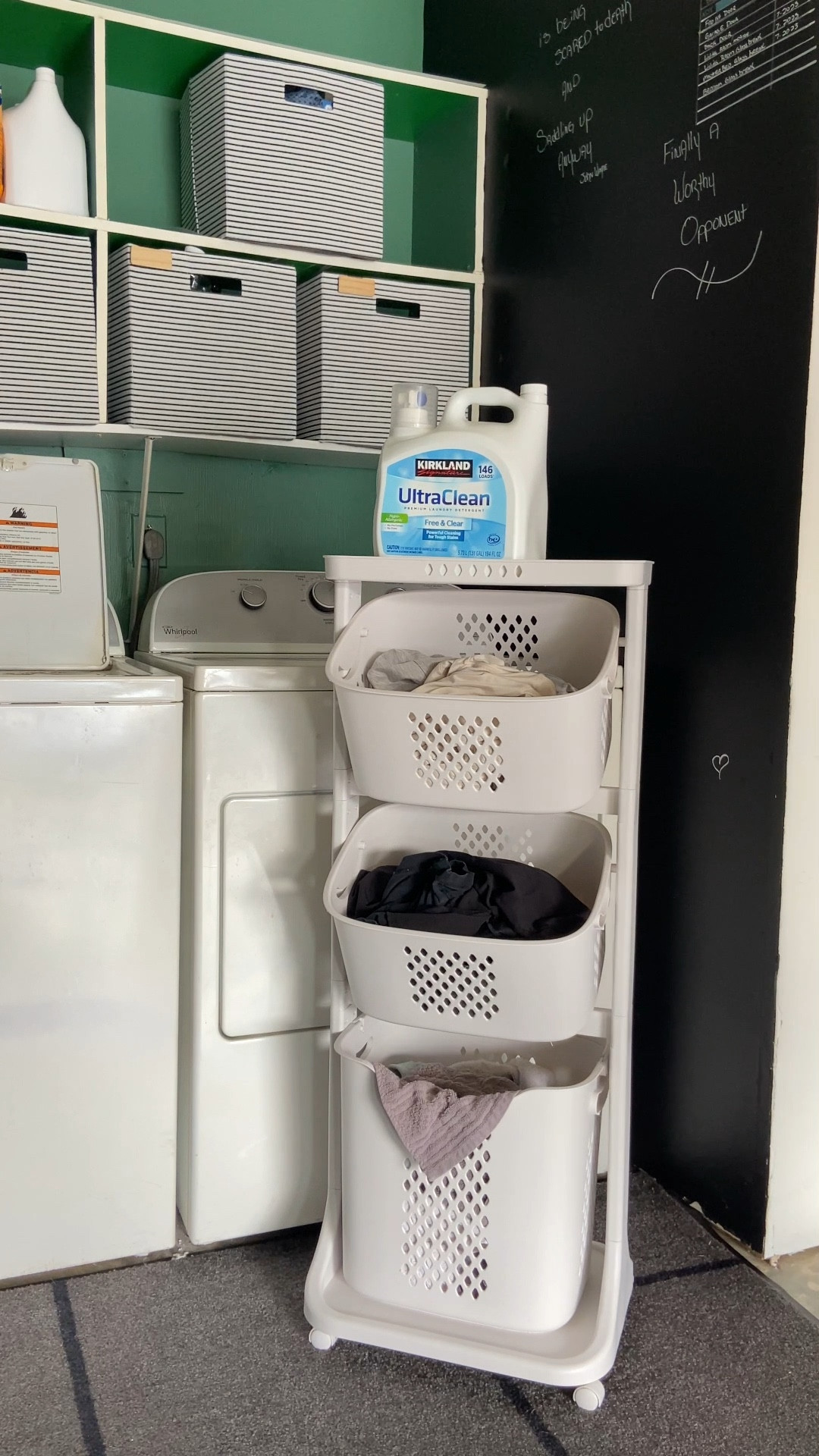 this multi-tiered rolling basket is so handy! i also like that it has a storage shelf on the top and a removable basket with a handle on the bottom. it can be used for laundry or to store anything you want to easily move around from room to room. 🧺🧼🫧 

#LTKBacktoSchool #LTKHome #LTKVideo