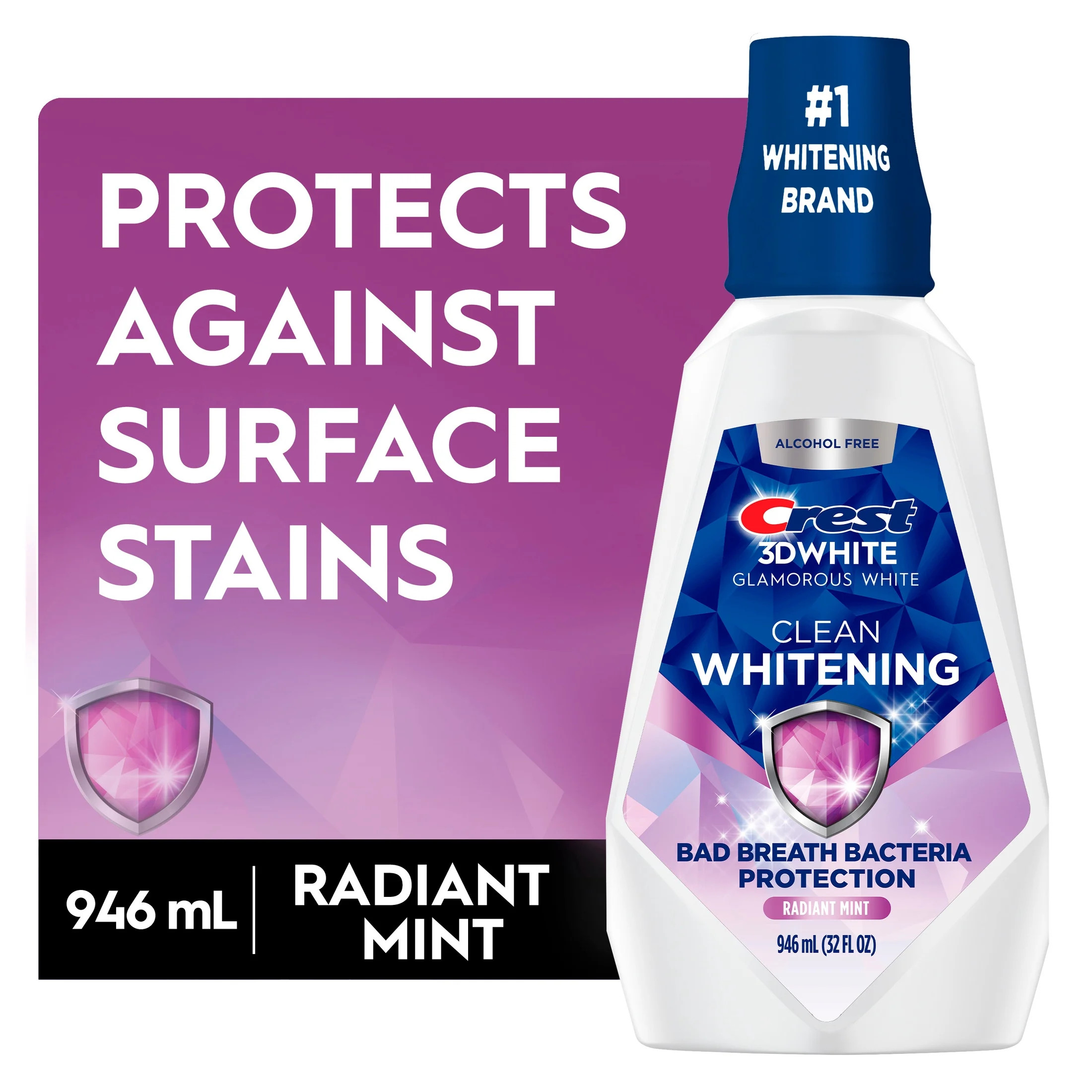 Crest Mouthwash 3D White Clean Whitening, Breath Protection, Alcohol-Free, Radiant Mint Flavor, 3... | Walmart (US)