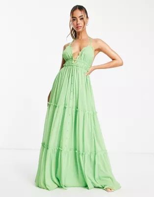 ASOS DESIGN button through tiered maxi dress with lace trim detail in green | ASOS (Global)