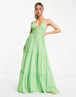 ASOS DESIGN button through tiered maxi dress with lace trim detail in green | ASOS (Global)