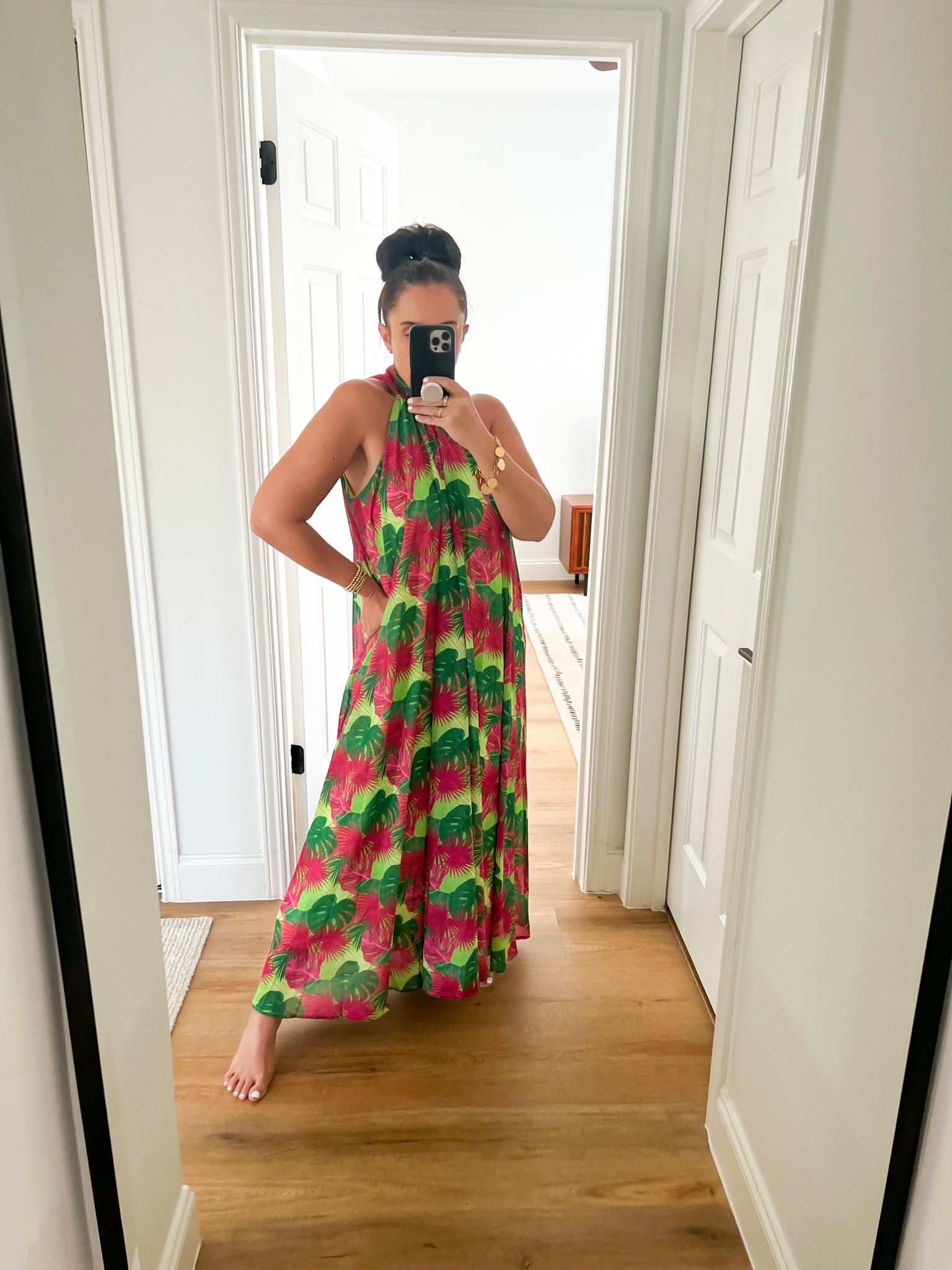 Red Dress Find Me In Paradise Pink Multi Print Maxi Dress wearing size small. 