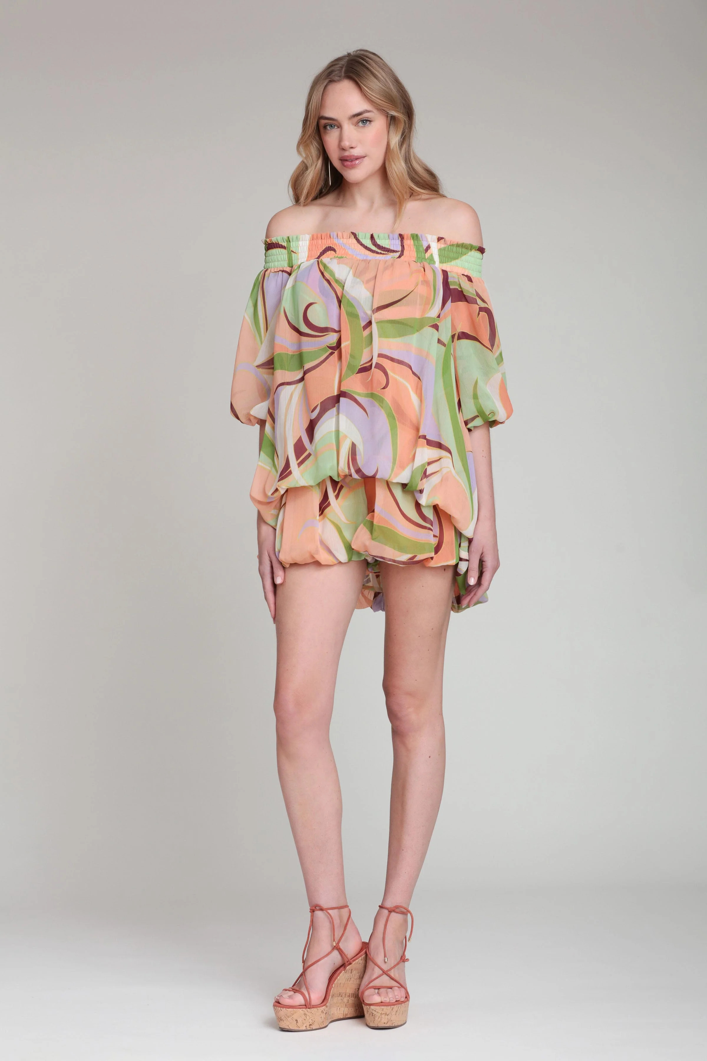 Printed Chiffon Off Shoulder High Low Romper | Avec Les Filles