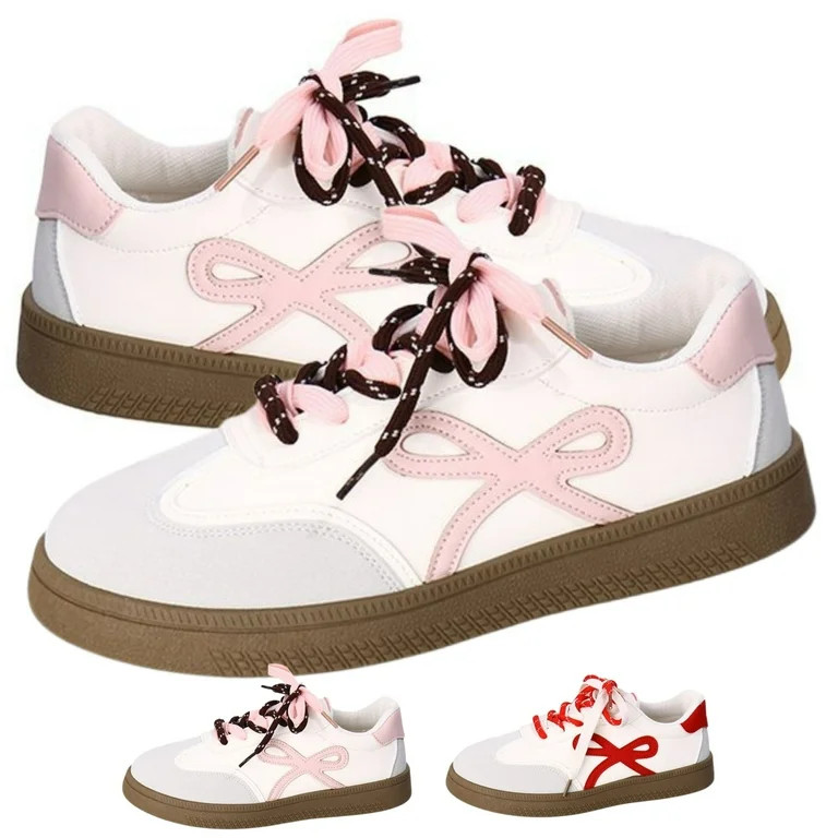 CHICVOMEY Women's White Faux Leather Low-Top Tennis Sneakers with Double Laces & Bow - Casual Fas... | Walmart (US)