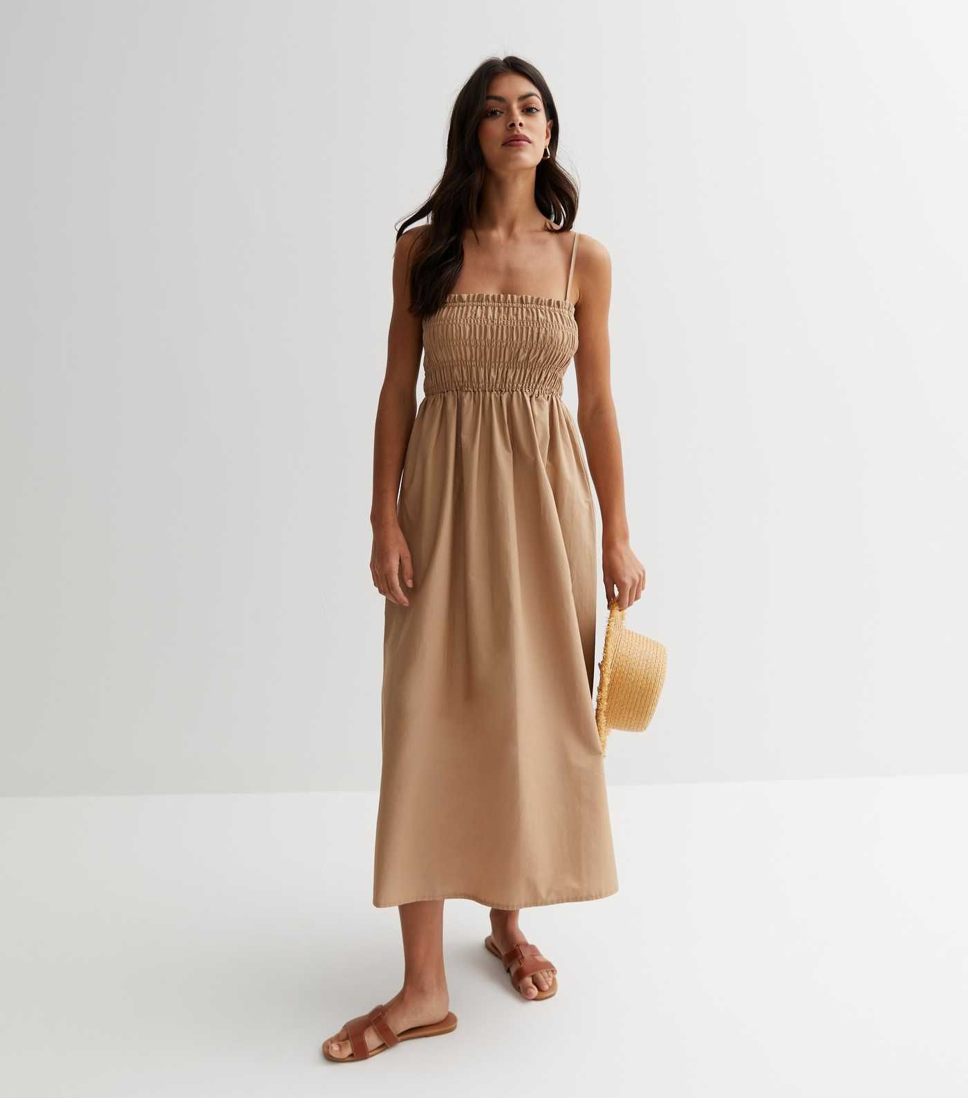 Stone Cotton Square Neck Strappy Midi Dress
						
						Add to Saved Items
						Remove from Sav... | New Look (UK)