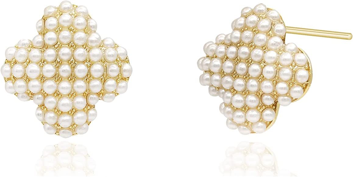 YOQUCOL Simulated Pearl Golden Tone Earrings for Women Girls Pierced Earrings Fashion Bridal Eleg... | Amazon (US)