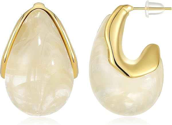 KissYan Acrylic Teardrop Earrings for Women, 14K Gold Plated Resin Chunky Hoop Earrings, Lightwei... | Amazon (US)