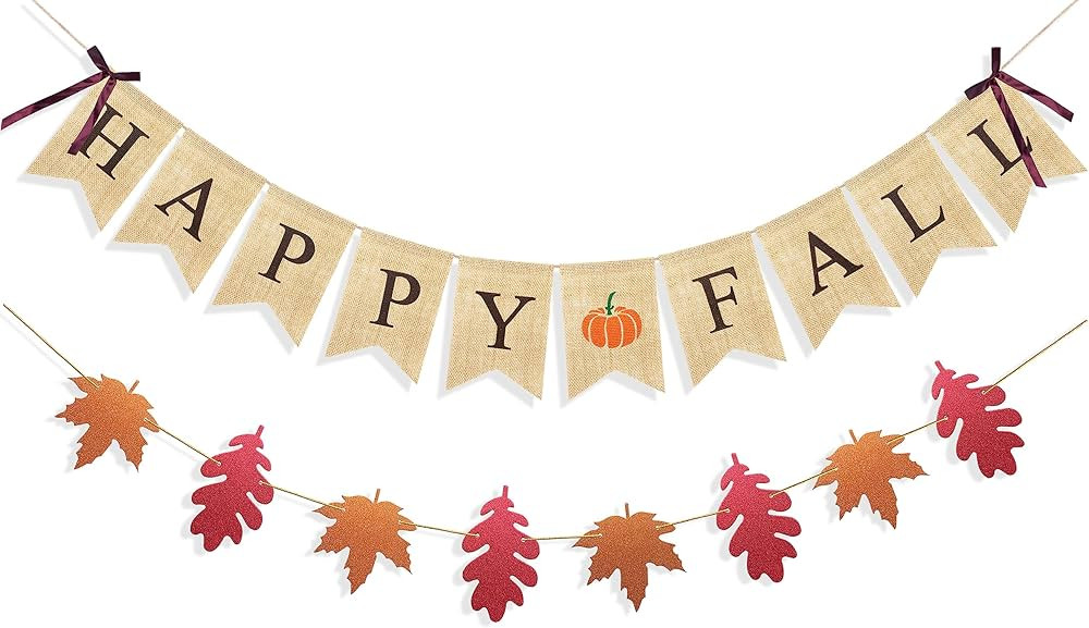 Uniwish Happy Fall Banner with Pumpkin Maple Leaves Sign Garland Fall Thanksgiving Day Decoration... | Amazon (US)