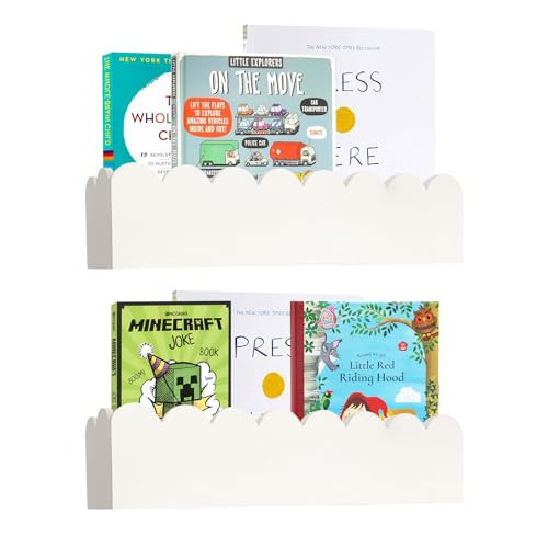 BOUTICOL 2 PCS Scalloped Shelves Kids Bookshelf Nursery Bookshelf Wooden Kids Bookshelf Kids Floating Shelves Scalloped Edges Bookshelf Montessori Bookshelf White Shelves for Kids Room（White） | Amazon (US)