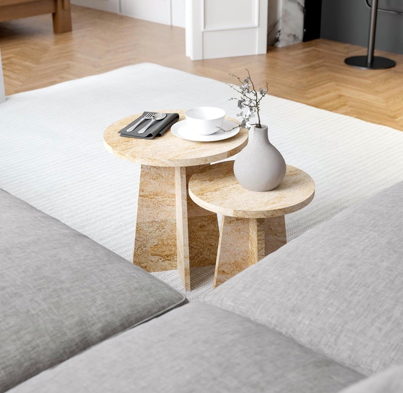 Travertine Efect Round Nesting Coffee Table Set of 2 Modern Coffee Table Small Side Table End Table for Living Room

#LTKHome