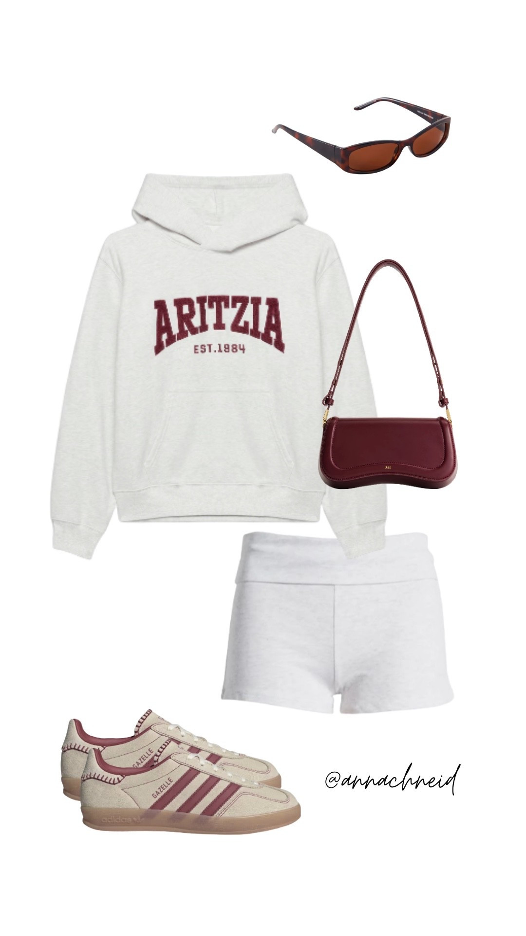 Back to school/college outfit idea: fold over comfy micro shorts, aritzia hoodie, red gazelle sneakers, and ofc a cute bag. Burgundy/red outfit inspo, clean girl aesthetic, summer/spring comfy outfits. 

#jwpei #aritzia #garage

#LTKFindsUnder100 #LTKSeasonal #LTKSaleAlert