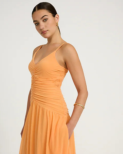 V-Neck Ruched Drop Waist Knit Maxi Dress with Pockets | Express