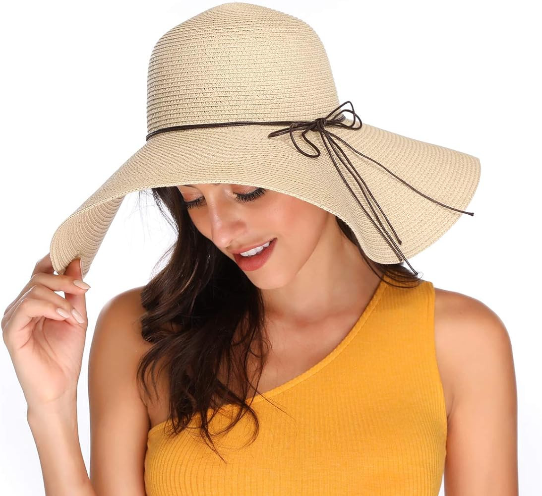 Lanzom Womens Wide Brim Straw Hat Big Floppy Foldable Roll up Cap Beach Sun Hat UPF 50+ | Amazon (US)