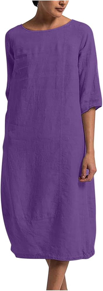 Cotton Linen Dresses Women UK Sale Clearance 3/4 Sleeve Loose Fit Midi Dress Summer Beach Holiday... | Amazon (UK)