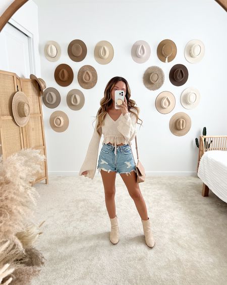 Spring outfit  - long sleeve crochet cropped sweater top, high rise denim mom shorts, & ankle boots

// #ltkseasonal #ltkshoecrush #ltkunder100 spring outfits, spring fashion, spring break, vacation outfit, vacation outfits, travel outfit, neutral style, casual outfit, denim shorts, high waisted, crop top, boots, booties, shoes, Lulus, Abercrombie, Matisse

#LTKFind #LTKunder50 #LTKstyletip