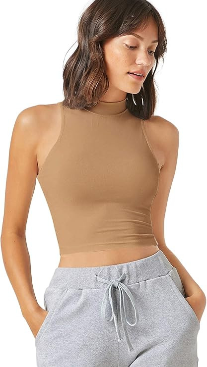 Verdusa Women's Casual High Neck Sleeveless Solid Crop Halter Tank Top Camel S at Amazon Women’... | Amazon (US)