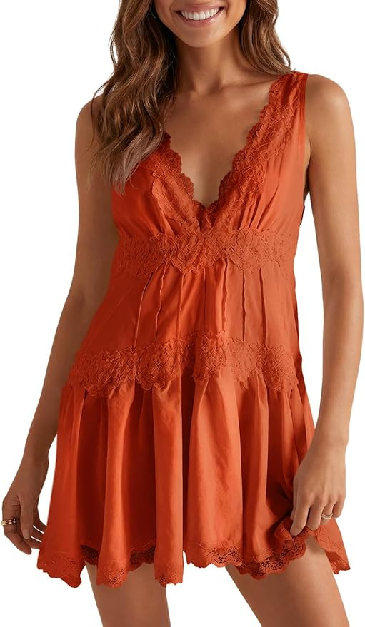 Wenrine Womens Summer Sleeveless Mini Dress Casual Satin Lace V Neck Tiered Ruffle Loose Sexy A L... | Amazon (US)