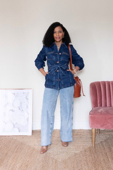 Wide Leg Jeans Outfit - a great way to style it is as a double denim look with a belted denim jacket. 
Spring outfit
Petite outfit 

#LTKover40 #LTKstyletip #LTKeurope