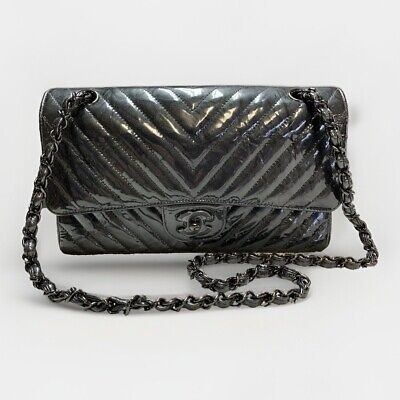 CHANEL Patent Crumpled Calfskin So Black Metallic Chevron Medium Double Flap Bag | eBay US