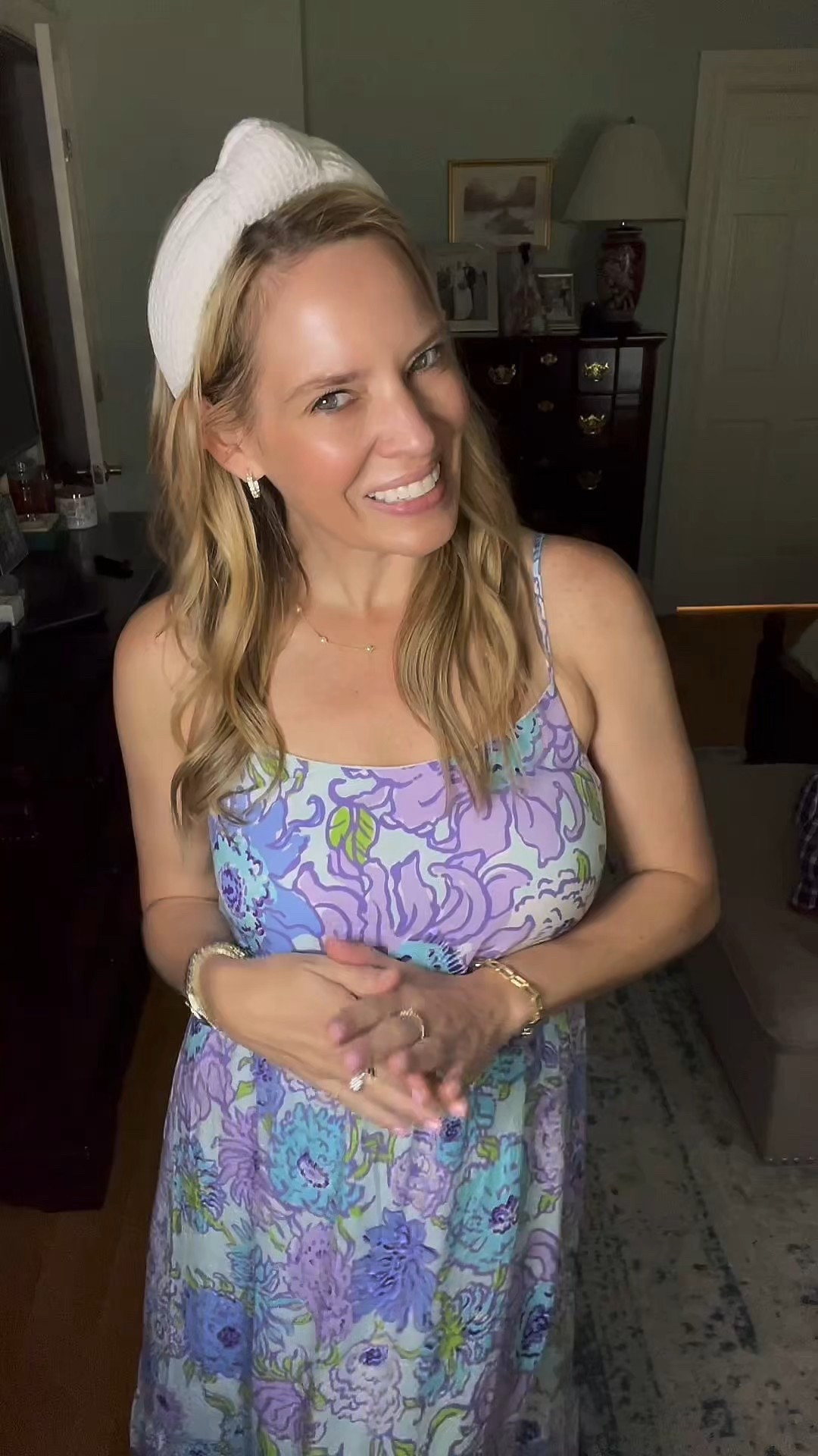 ✨Use code PREPPYREBEL for 10% off my jewelry from Melinda Maria!✨

Wearing the Lilly Pulitzer Teresa Maxi Dress in size XS – I’m 5’3” and around 116-117 lbs for reference. This dress is the definition of easy summer elegance ☀️💜 The soft jersey fabric is lightweight and stretchy, making it the perfect comfy-cute choice for warm weather. I love the vibrant floral print in periwinkle, lavender, and aqua tones – classic Lilly with a breezy twist! The smocked waist flatters the figure while the side slit adds just the right amount of movement.

I paired it with my favorite white sandals and accessorized with:
💫 Melinda Maria gold jewelry – including the Baby Dagger Necklace, Cruz Link Bracelet, and Isla Pave Huggies (all linked – use PREPPYREBEL for a discount!)
💫 A textured ivory headband to complete the polished, coastal look

Whether you’re headed to brunch, vacation, or just running errands in style, this maxi is a no-brainer for effortless glam 💐👒

🛍️ LTK Keywords: Lilly Pulitzer Teresa Maxi Dress, summer floral maxi, smocked waist dress, comfy jersey maxi, beach vacation dress, preppy summer style, Melinda Maria jewelry, coastal accessories

🧵Wearing size XS in the dress
📏Fit: TTS – soft and stretchy
💰$198

#LillyPulitzer #SummerStyle #CoastalGrandmillennial #MaxiDressSeason #MelindaMariaJewelry #PREPPYREBEL #FloralFashion #LTKunder200 #LTKsummer #LTKstyletip

#LTKOver40 #LTKFindsUnder100 #LTKPetite