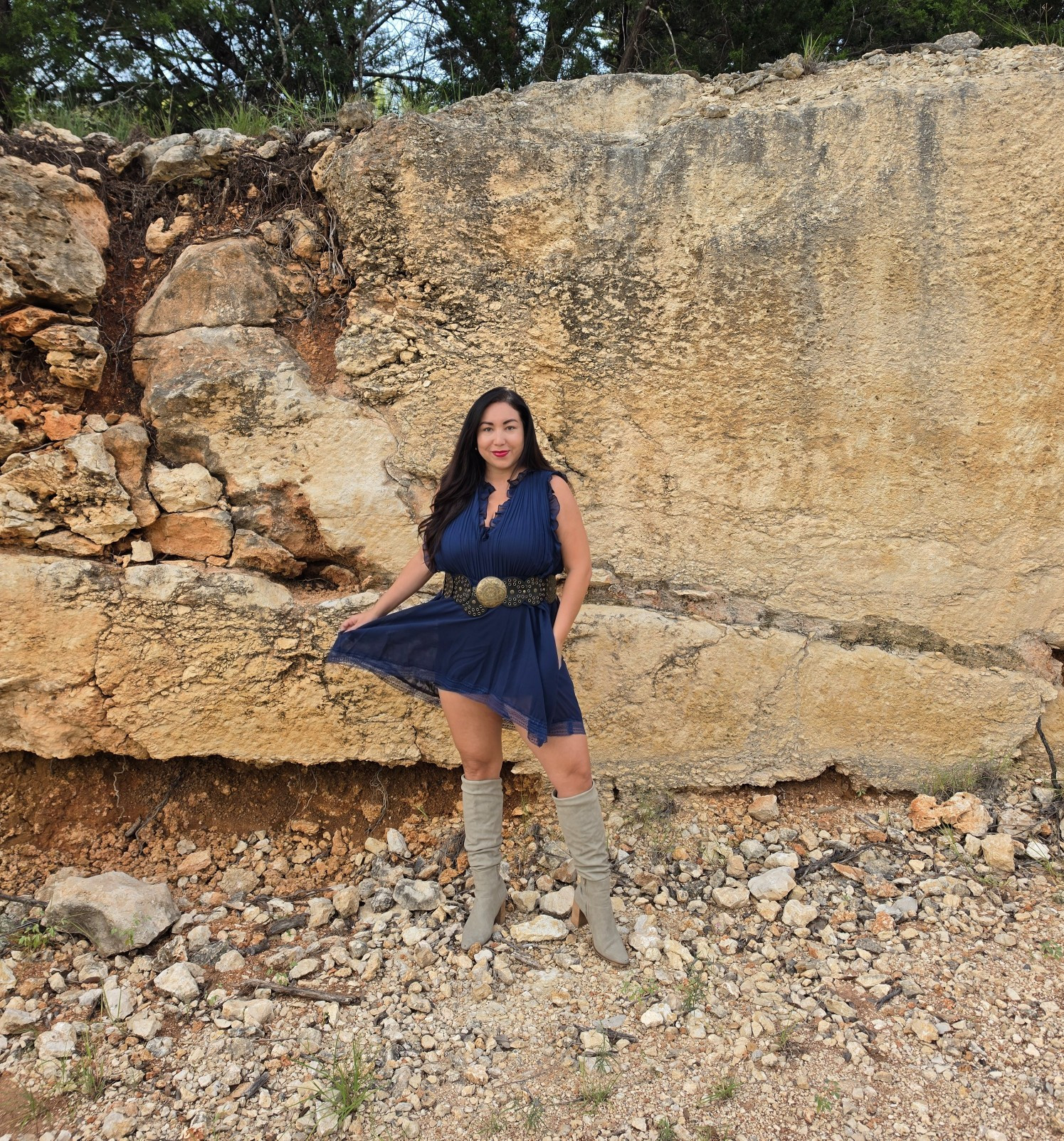 Fun flirty look! Wearing a size L in the romper. This piece looks more like a dress, but there are shorts underneath. It's super versatile, add a belt or wear it loose. Boots are old from Vici. Linked similar. #westernwear #midsize #curvy 

#LTKMidsize #LTKdayinmylife #LTKOver40