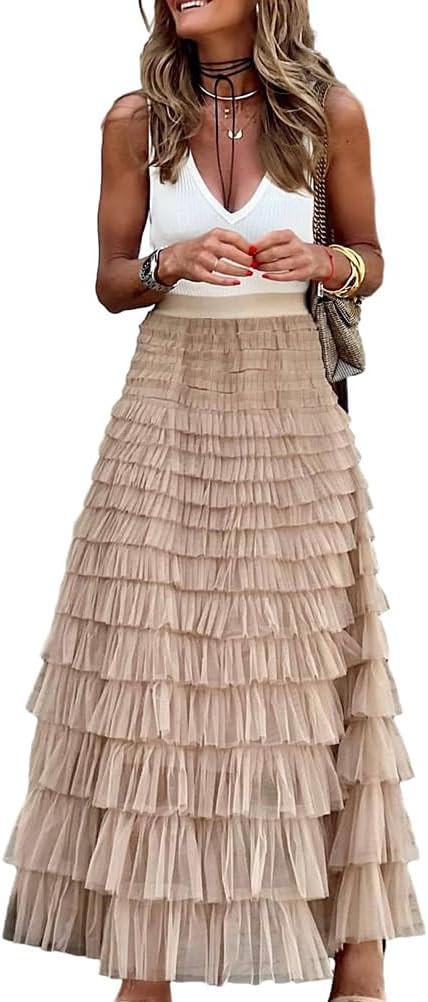 Long Tulle Skirt for Women Trendy High Waisted A Line Fluffy Fairy Mesh Layered Ruffle Skirt | Amazon (US)