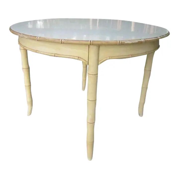 1970s Vintage Hollywood Regency Faux Bamboo Dining Table Extra Leaf Yellow White | Chairish