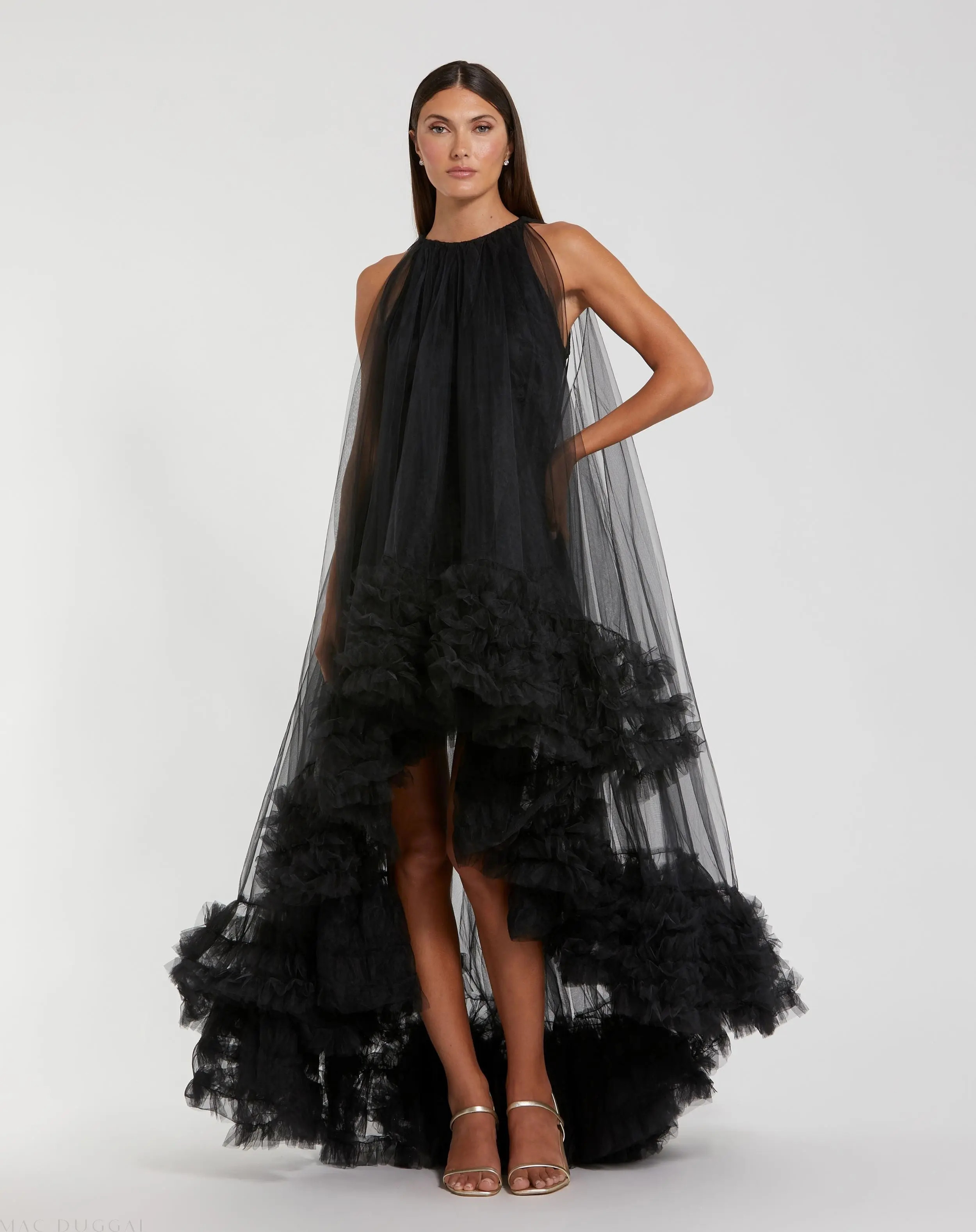 Mac Duggal - Black Tulle High Neck Sleeveless Ruffled Hem Hi-Low Gown - US 0 | Mac Duggal