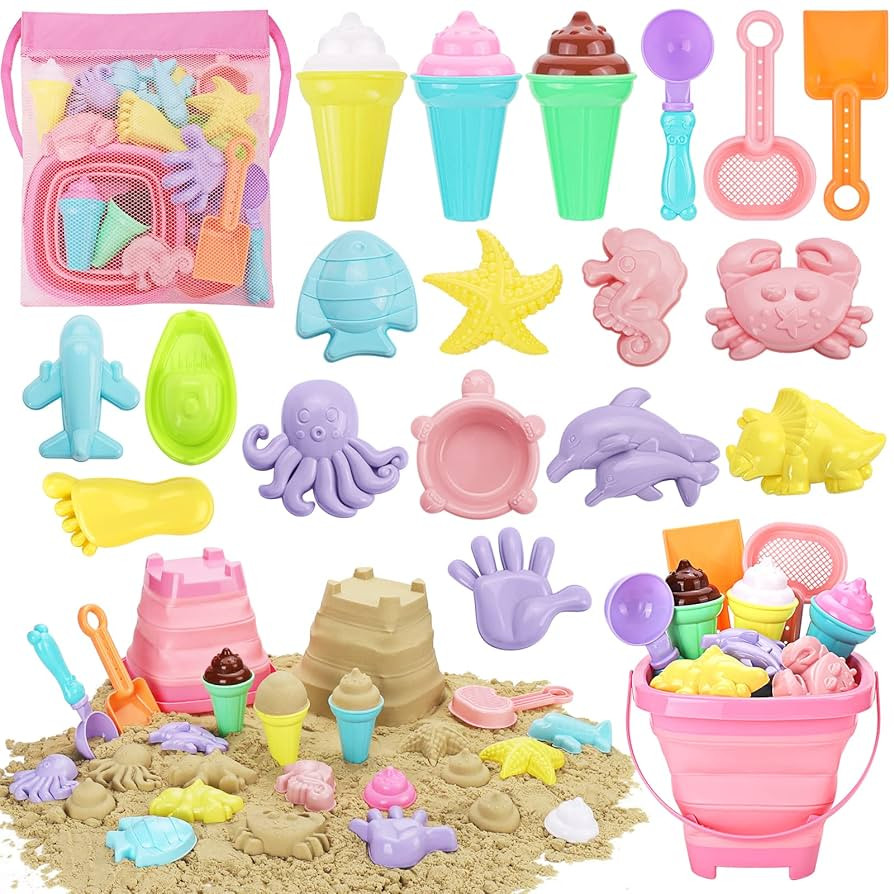 Beach Toys, Ice Cream Sand Toys for Toddlers, with Collapsible Bucket and Shovels for Kids with B... | Amazon (US)