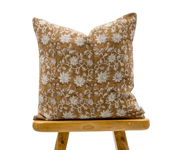 Designer Floral in Tan Brown on Natural Linen Pillow Cover | Etsy | Etsy (US)