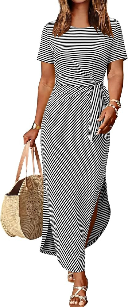 Prinbara Midi Dress for Women, Tie Waist Side Slit Tshirt Dresses, Comfort for Beach, Vacation, C... | Amazon (US)