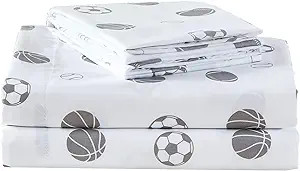 Chezmoi Collection 3-Piece Kids/Teens Sports Sheet Set - Soft Microfiber White Gray Baseball Bask... | Amazon (US)