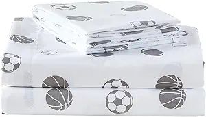 Chezmoi Collection 4-Piece Kids/Teens Sports Sheet Set - Soft Microfiber White Gray Baseball Bask... | Amazon (US)