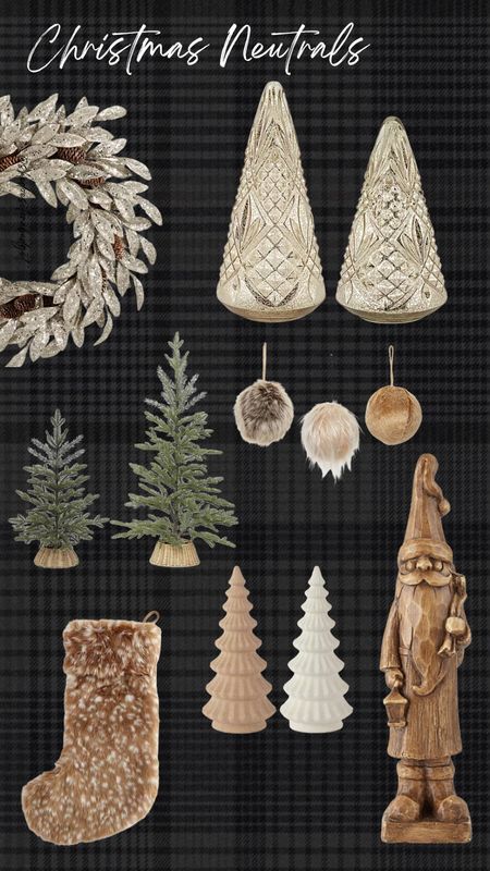 Holiday Neutral Decor | wooden carved Santa, faux fur ornaments, fawn print stocking, tabletop trees, Mercury glass Christmas trees, velvet tree decor

#LTKSeasonal #LTKhome #LTKHoliday