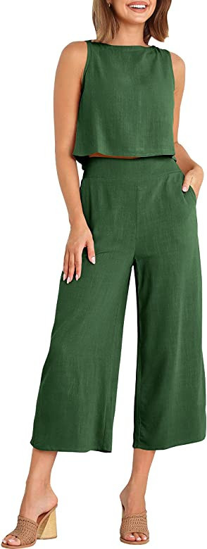 Prinbara Women's Summer Casual 2 Piece Outfits Round Neck Crop Basic Top Cropped Wide Leg Pants J... | Amazon (US)