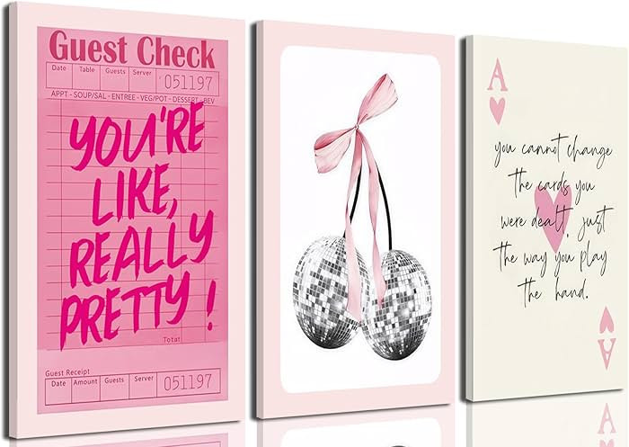 Pink Preppy Wall Art Framed Set of 3 Trendy Coquette Disco Cherry Posters Retro Guest Check Canva... | Amazon (US)