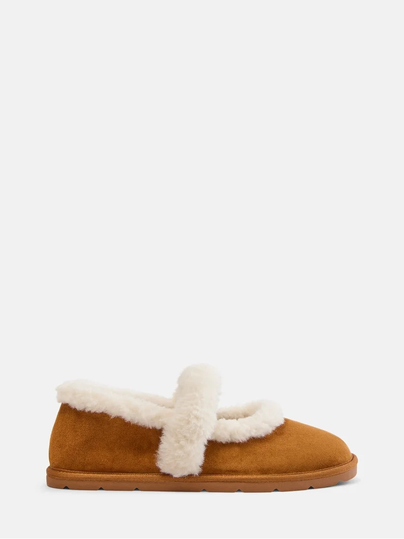 Joyspun Women's Mary Jane Faux Fur Ballet Slippers | Walmart (US)