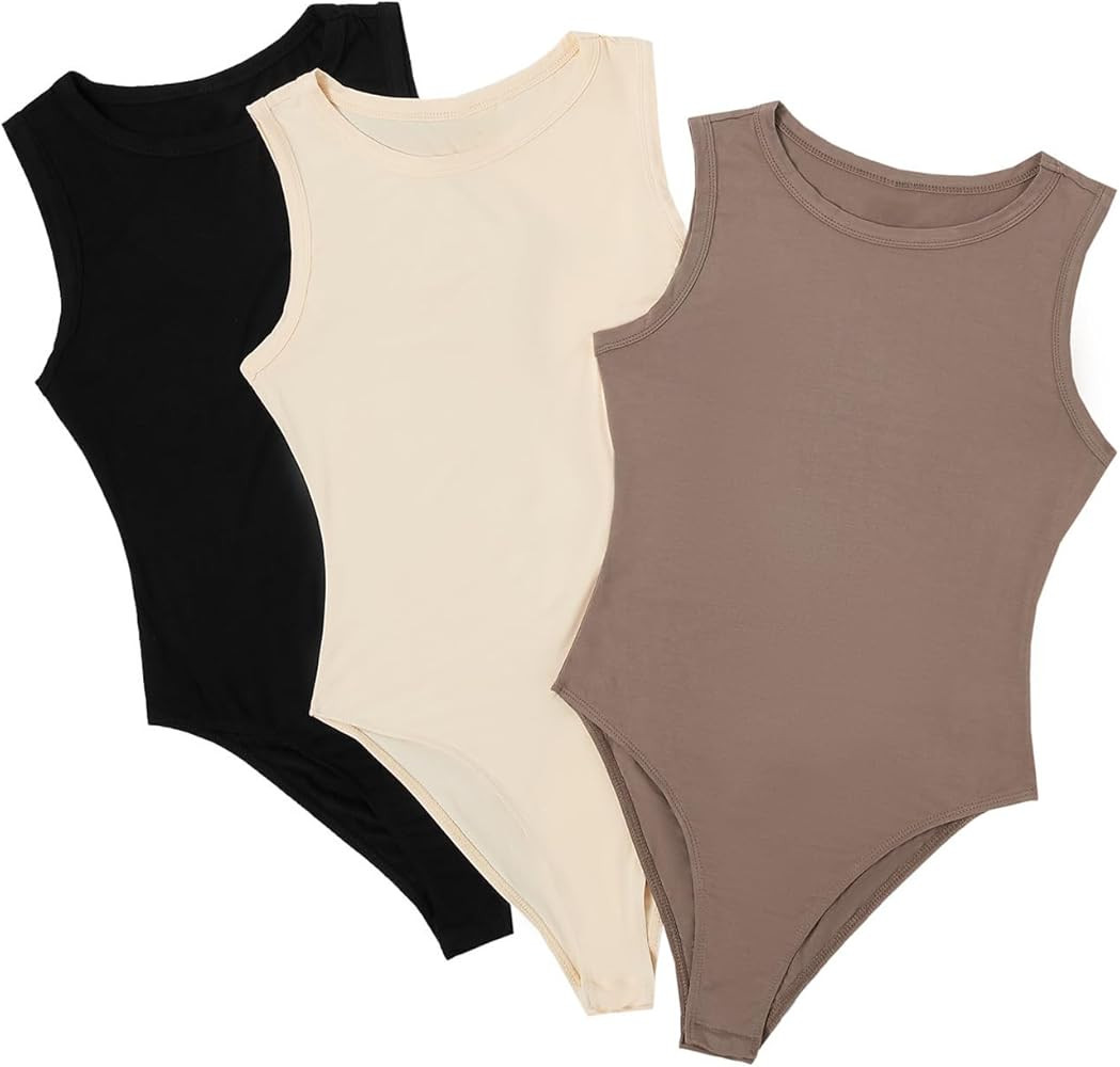 Milumia Women's 3 Pack Sleeveless Bodysuit Solid Round Neck Skinny Tank Tops Set | Amazon (US)