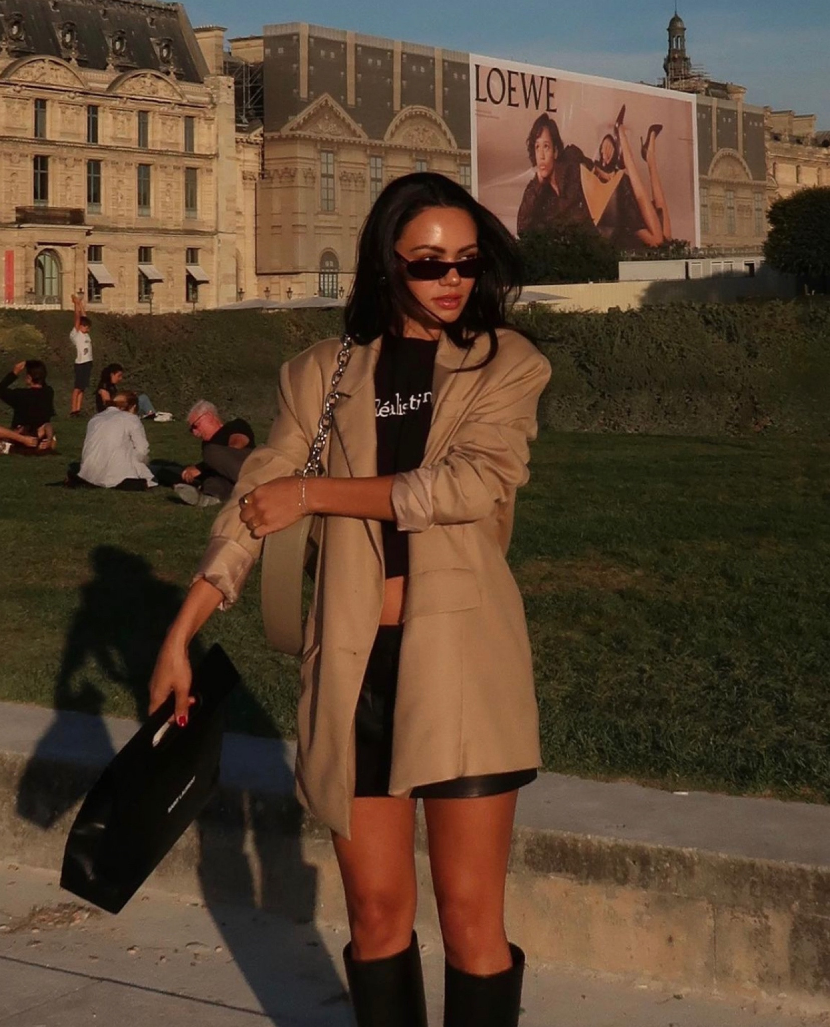 fall ootd - black w baby tee, tan oversized blazer, revolve faux leather skirt, by far boots #fallstyle

#LTKstyletip #LTKshoecrush #LTKeurope