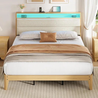 Boucle Platform Bed Frame with LED Lights & Charging Station, Upholstered Headboard | Wayfair North America