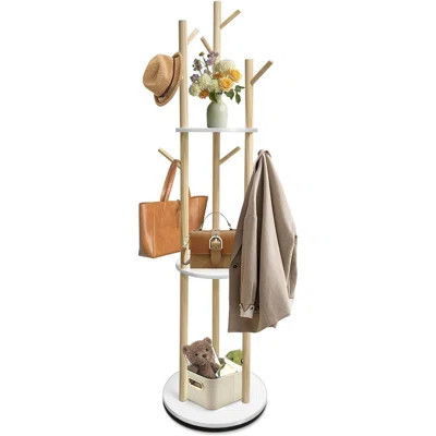 Freestanding Rotary Coat Rack – Solid Wood Coat Tree With 3 Shelves & 9 Hooks For Hats, Scarves & Bags [Natural] – [Wood / Modern / Freestanding] | Wayfair North America