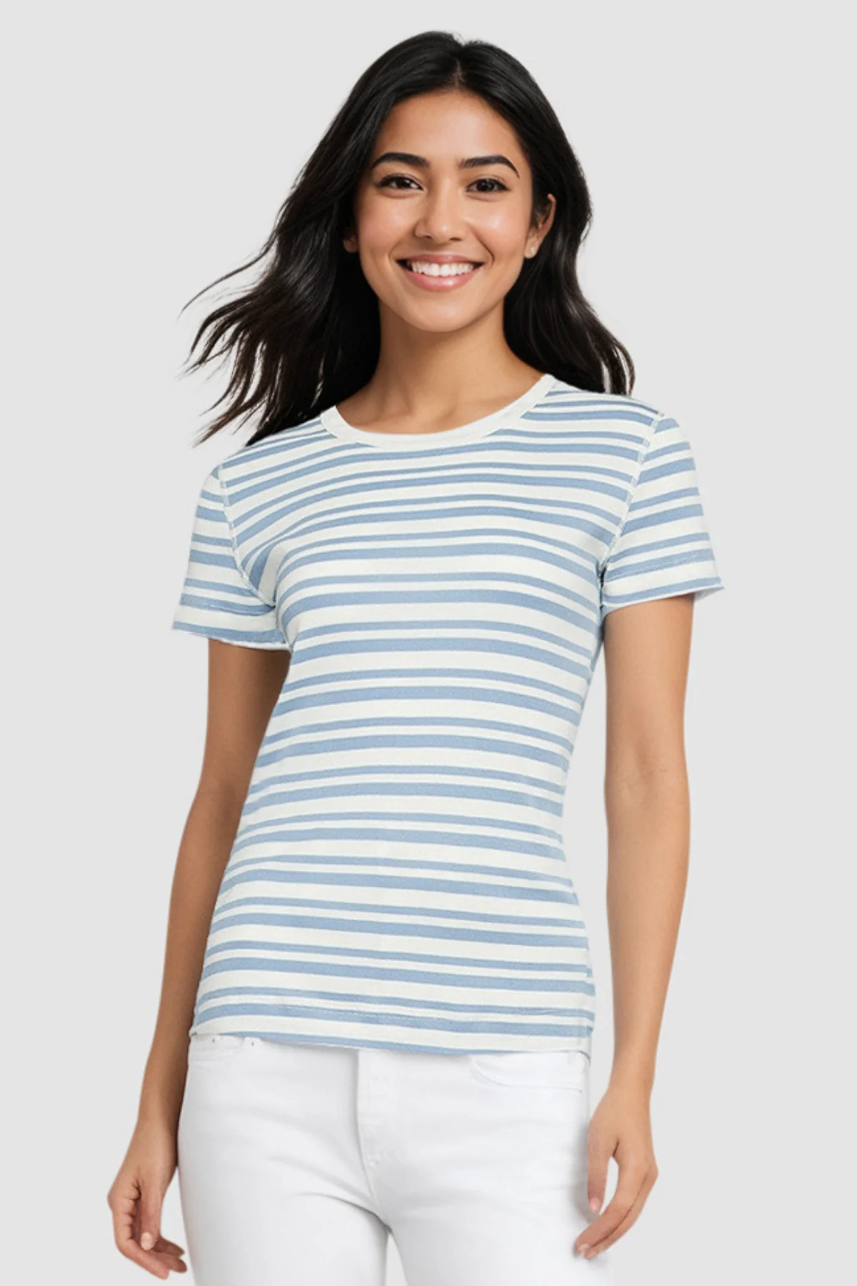 Crew-Neck Short Sleeve Tee | Faded Denim Mature Stripes | Three Dots