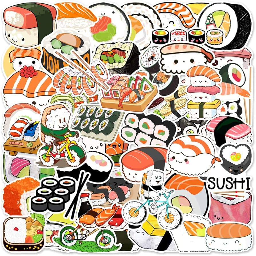 Cute Sushi Roll Rice Stickers, 50 Pcs Kawaii Japanese Food Vinyl Waterproof Stickers for Water Bo... | Amazon (US)