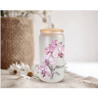 Bouquet Of Purple Orchids Frosted Glass Can, With Bamboo Lid & Straw, 16 Oz Orchid Lover Cup, Blooming Tumbler By Mugzan | Etsy (US)