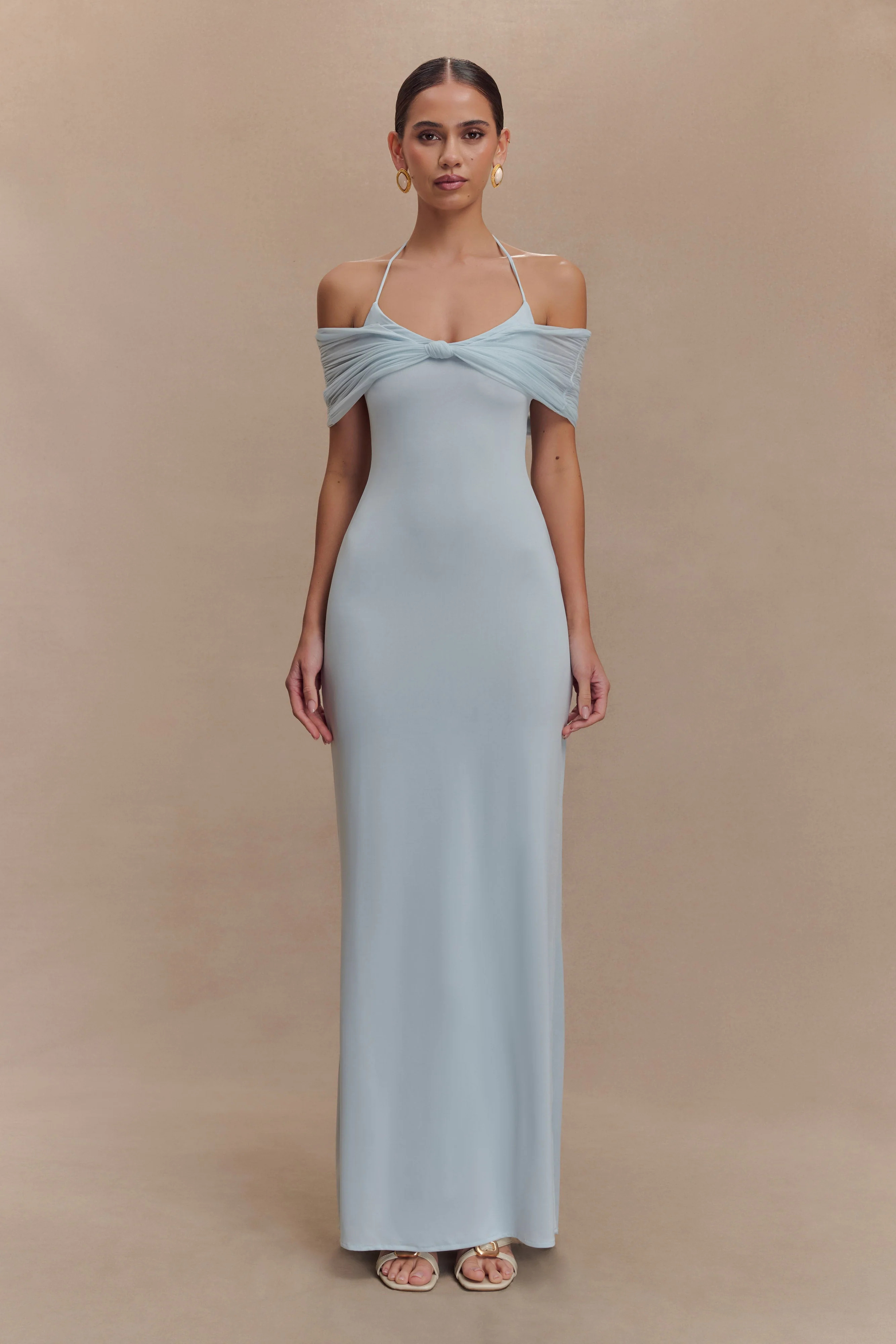 Bernadina Mesh And Slinky Halter Maxi Dress - Pale Blue | MESHKI US