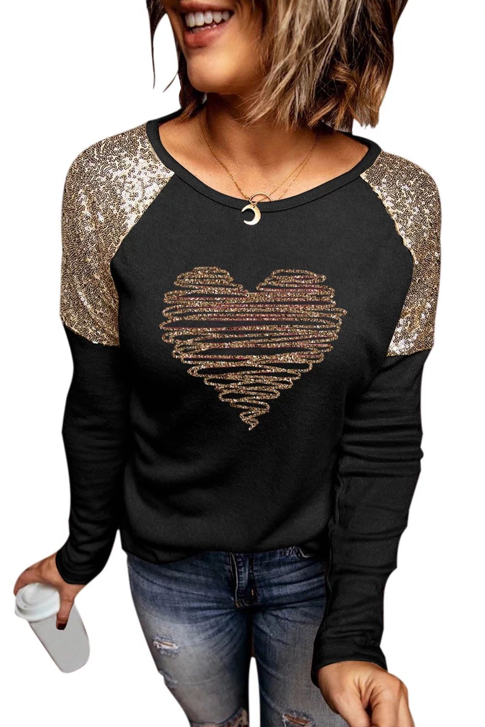 Rosfancy Women Crewneck Love Heart Graphic T-Shirts Long Sleeve Sequin Stitching Pullover Sweatsh... | Walmart (US)